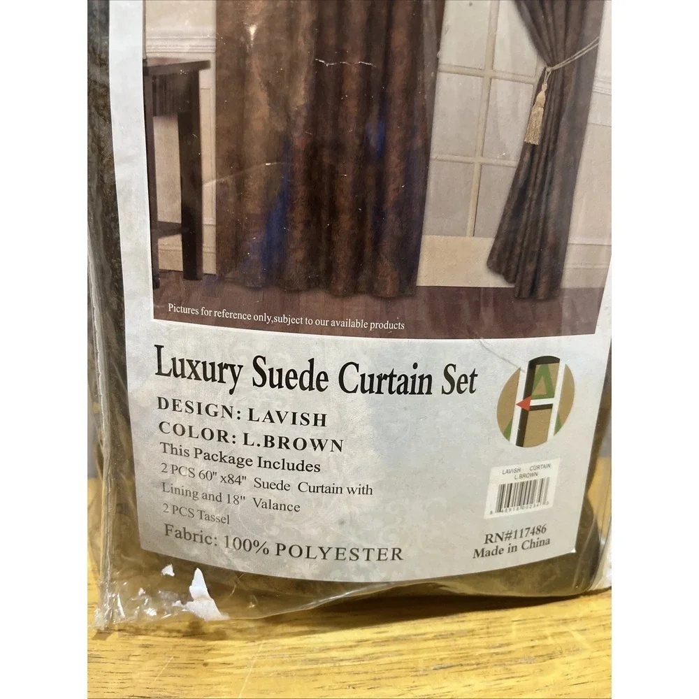 Vtg Suede Brown Paisley Window Curtain Set Panels Valance 60x84